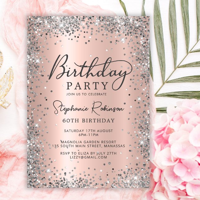 Glam Silver Glitter Rose Gold Metal 60th Birthday  Invitation (Creator Uploaded)