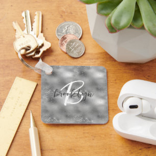 Glam Silver Glitter Sparkle Monogram Key Ring