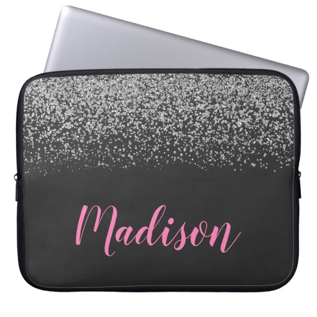 Glam Silver Glitter Sparkles Black & Pink Name Laptop Sleeve (Front)