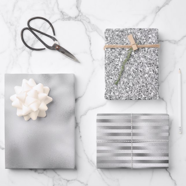 Glam Silver Glitter Stripes Wrapping Paper Sheet (Front)