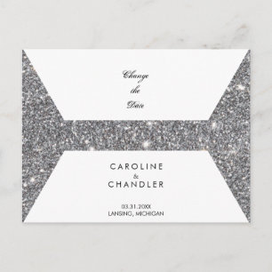 Glam Silver Glitter  Wedding Change the Date Announcement Postcard