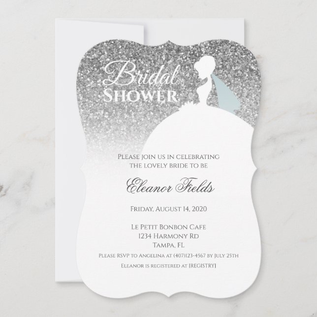 Glam Silver Glitter with White Dress Bridal Shower Invitation (Front)
