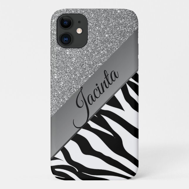 Glam Silver Glitter Zebra Print Personalised Case-Mate iPhone Case (Back)