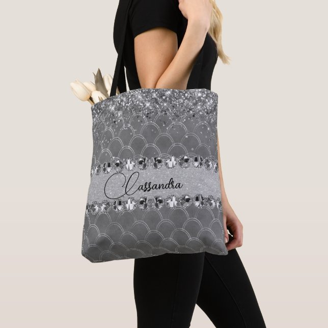 Glam Silver Glittery Diamond Bling   Tote Bag (Close Up)
