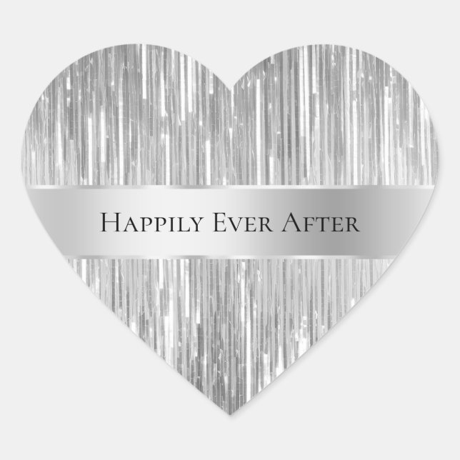 Glam Silver Glitzy Stripes Wedding Heart Sticker (Front)