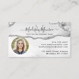 Glam Silver Grey Glitter Logo Photo Agate Monogram Business Card