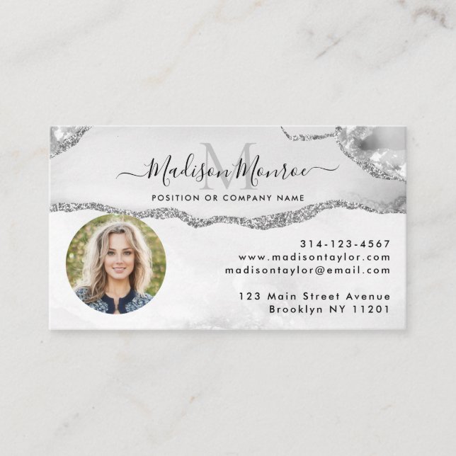 Glam Silver Grey Glitter Logo Photo Agate Monogram Business Card (Front)