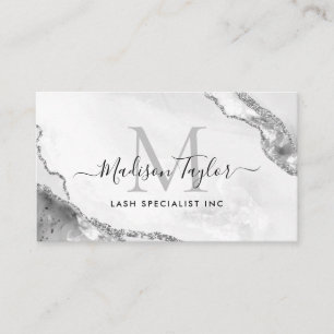 Glam Silver Grey Glitter Marble Agate Monogram QR Business Card
