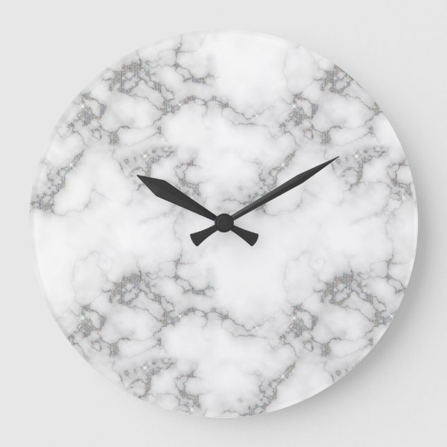 Glam Silver Grey Glitter Marble Pattern Large Clock (Front)