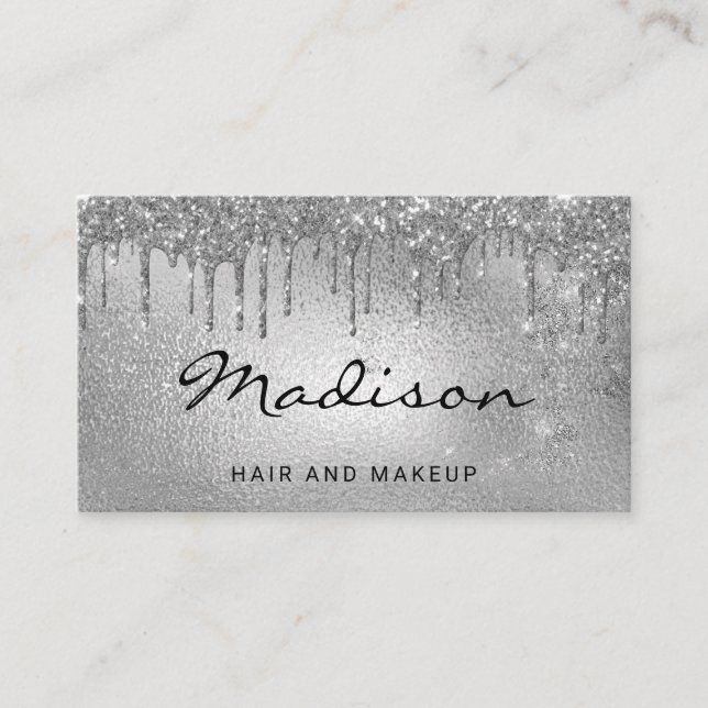 Glam Silver Metallic Glitter Drip Hair & Makeup Business Card (Front)