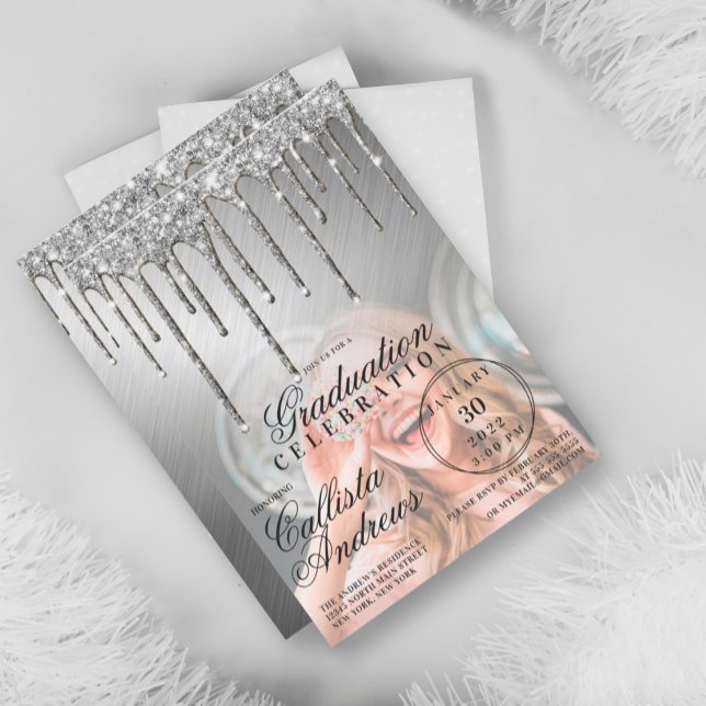 Glam Silver Metallic Glitter Drip Photo Graduation Invitation (Creator Uploaded)