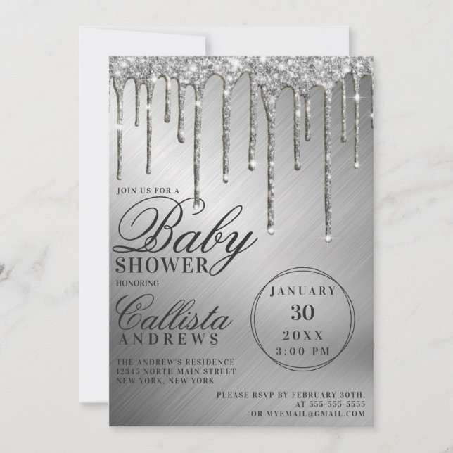 Glam Silver Metallic Glitter Drips Baby Shower Invitation (Front)