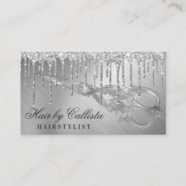 Glam Silver Metallic Glitter Drips Hair Scissors Business Card (Front)