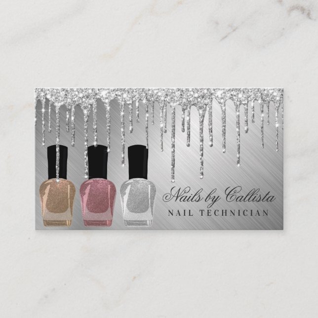 Glam Silver Metallic Glitter Drips Nail Polish Business Card (Front)