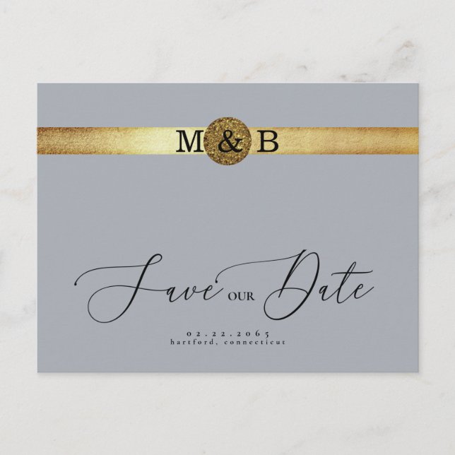 Glam Silver & Metallic Gold Monogram Save the Date Postcard (Front)