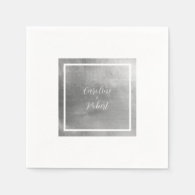 Glam Silver Metallic & White Wedding Cocktail Napkin (Front)
