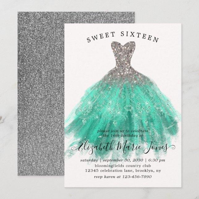 Glam Silver Mint Sparkle Dress Sweet 16th Birthday Invitation (Front/Back)
