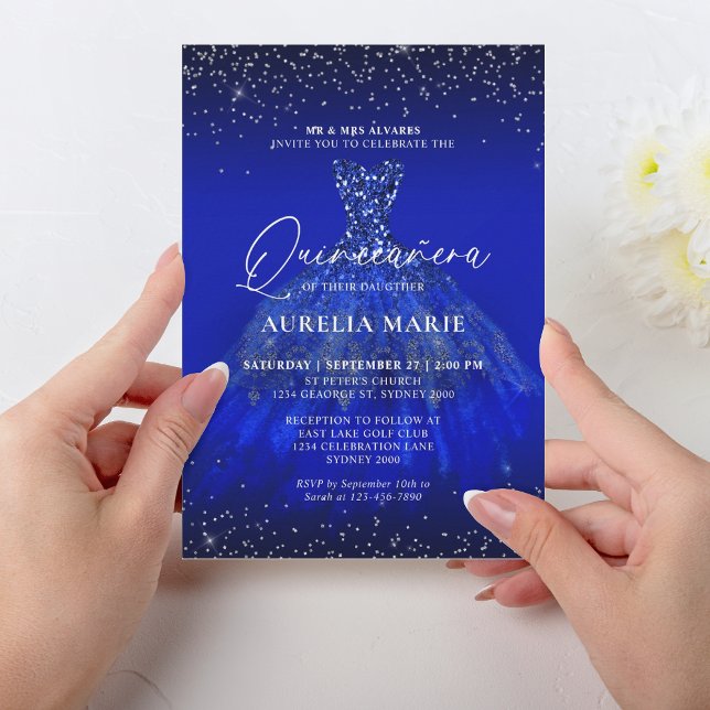 Glam Silver Royal Blue Princess Dress Quinceanera Invitation (Creator Uploaded)