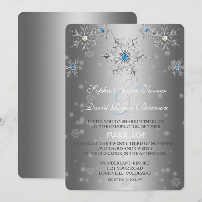 Glam Silver Snowflakes Crystal Blue Pearl Wedding Invitation (Front/Back)