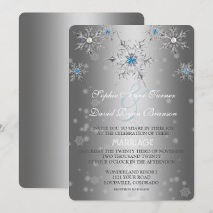 Glam Silver Snowflakes Crystal Blue Pearl Wedding Invitation