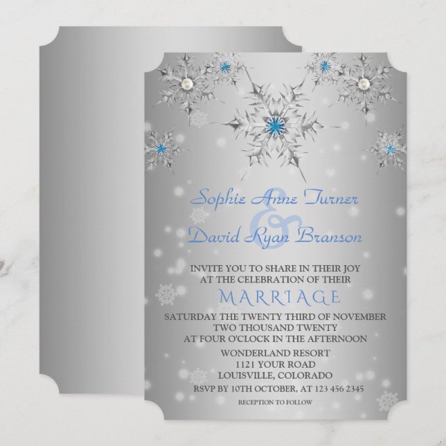 Glam Silver Snowflakes Crystal Blue Pearls Wedding Invitation (Front/Back)