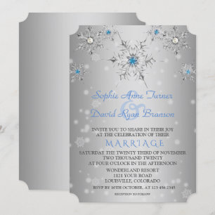 Glam Silver Snowflakes Crystal Blue Pearls Wedding Invitation