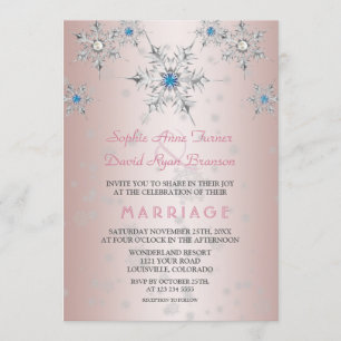 Glam Silver Snowflakes Crystals Blue Pearl Wedding Invitation