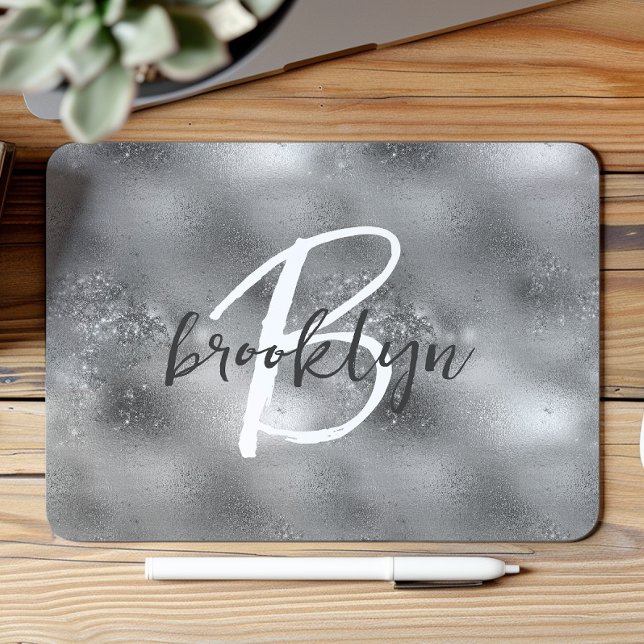 Glam Silver Trendy Script Monogram  Mouse Mat (Creator Uploaded)