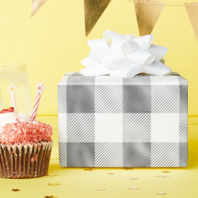 Glam Silver White Buffalo Plaid Wrapping Paper (Birthday Party)