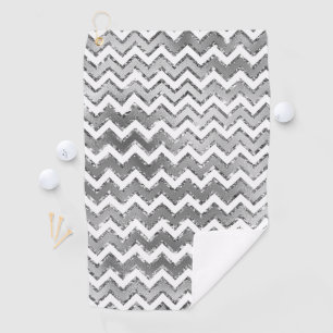 Glam Silver White Zigzag Stripes Golf Towel