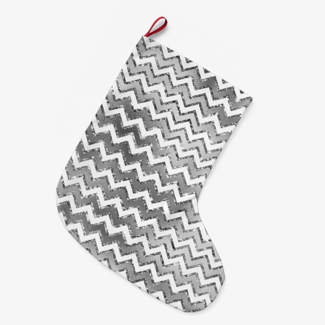 Glam Silver White Zigzag Stripes Large Christmas Stocking (Front (Hanging))