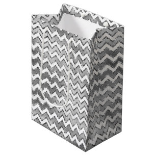 Glam Silver White Zigzag Stripes Medium Gift Bag