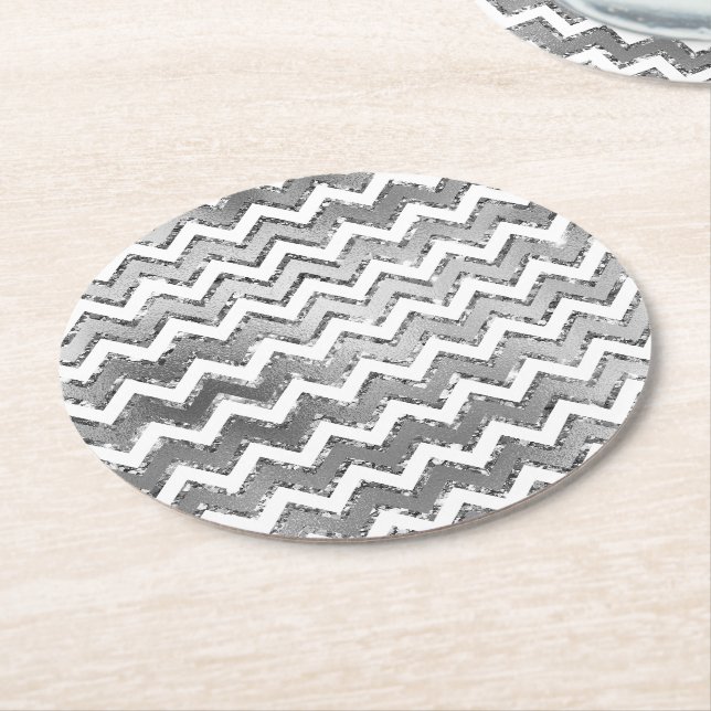 Glam Silver White Zigzag Stripes Round Paper Coaster (Angled)