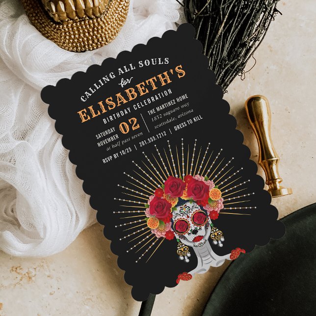 Glam Skeleton Day of the Dead Theme Birthday Party Invitation (Creator Uploaded)