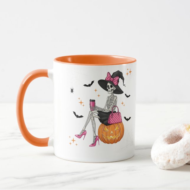 Glam Skeleton Witch with Pumpkin Halloween Spooky Mug (With Donut)