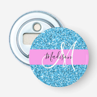Glam Sky Blue Pink Glitter Sparkles Name Monogram Bottle Opener