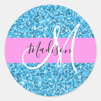 Glam Sky Blue Pink Glitter Sparkles Name Monogram Classic Round Sticker