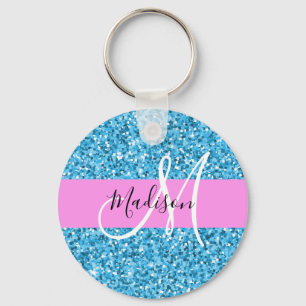 Glam Sky Blue Pink Glitter Sparkles Name Monogram Key Ring