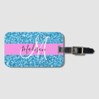 Glam Sky Blue Pink Glitter Sparkles Name Monogram