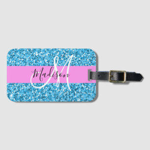 Glam Sky Blue Pink Glitter Sparkles Name Monogram Luggage Tag