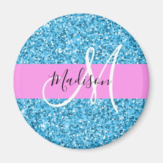 Glam Sky Blue Pink Glitter Sparkles Name Monogram Magnet