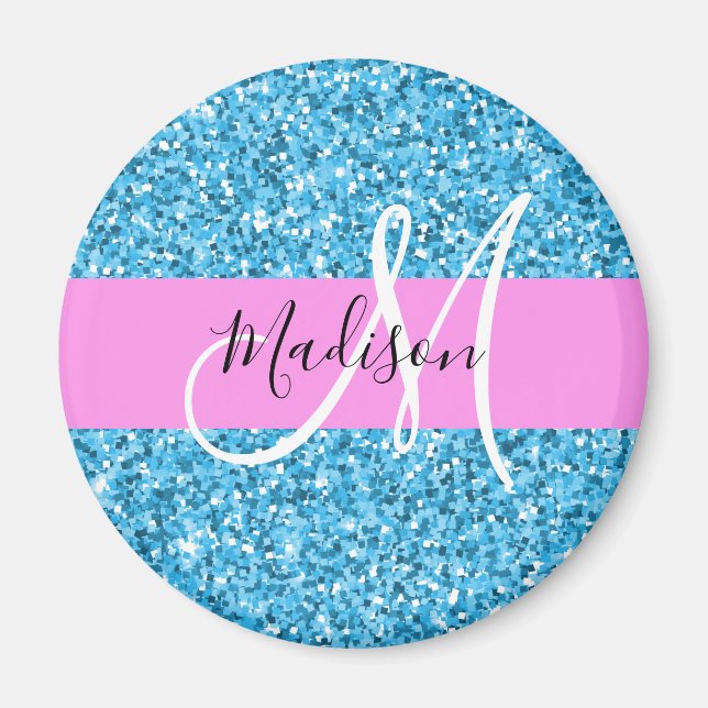 Glam Sky Blue Pink Glitter Sparkles Name Monogram Magnet (Front)