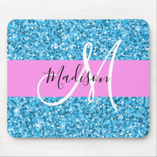 Glam Sky Blue Pink Glitter Sparkles Name Monogram Mouse Mat