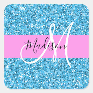 Glam Sky Blue Pink Glitter Sparkles Name Monogram Square Sticker