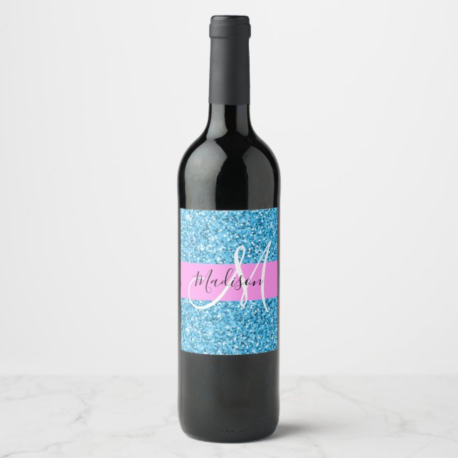Glam Sky Blue Pink Glitter Sparkles Name Monogram Wine Label (Front)
