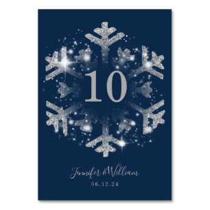 Glam Snowflake Xmas Wedding Silver Navy Table Number