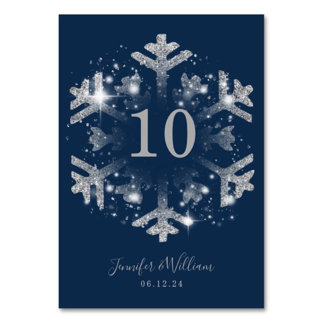 Glam Snowflake Xmas Wedding Silver Navy  Table Number (Front)