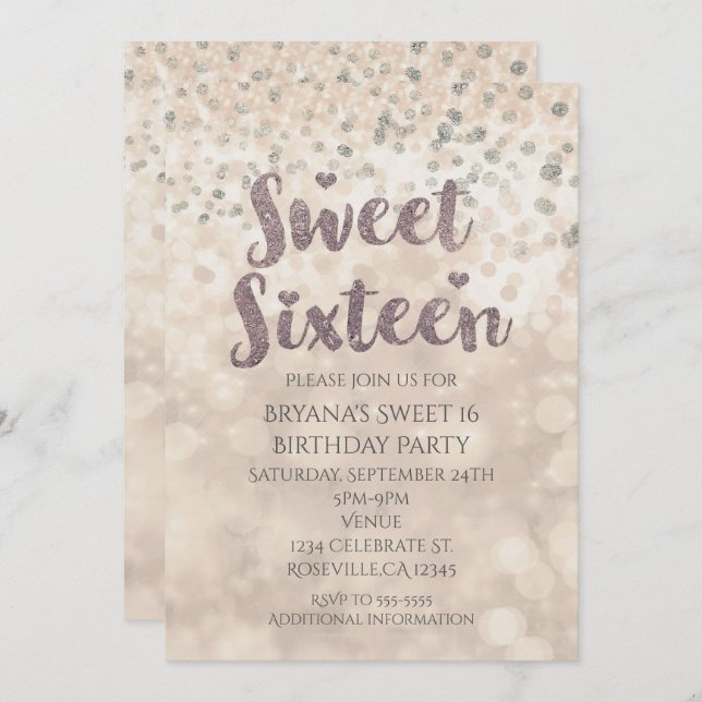 Glam Sparkle Confetti Sweet 16 Birthday Invitation (Front/Back)