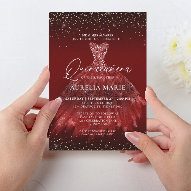 Glam Sparkle Gold Red Princess Dress Quinceanera Invitation (Creator Uploaded)