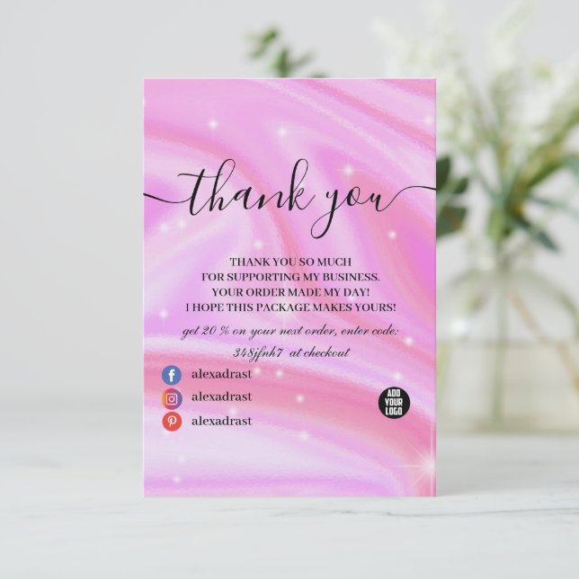 Glam Sparkle Holographic Pink Thank You Card (Standing Front)